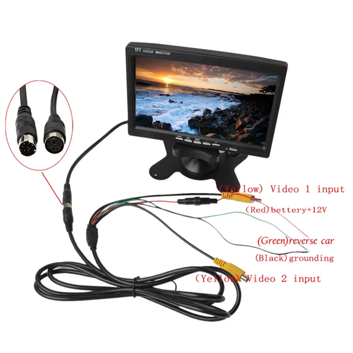 moobody 7 Inch HD Monitor Display Screen TFT Car Screen Monitor HD 1024x600 Display AV Input Built-in Speaker For Trucks Bus RV Trailer Reverse Rear View Backup Camera