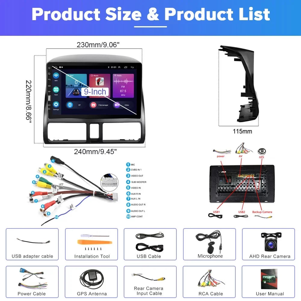 2+32G for Honda CRV 2002-2006 Wireless Carplay Android Auto Mirror Link 9'' Touchdisplay Car Stereo Radio Player Bluetooth 1080P WIFI Hifi GPS FM Usb, AHD Backup Camera&Microphone