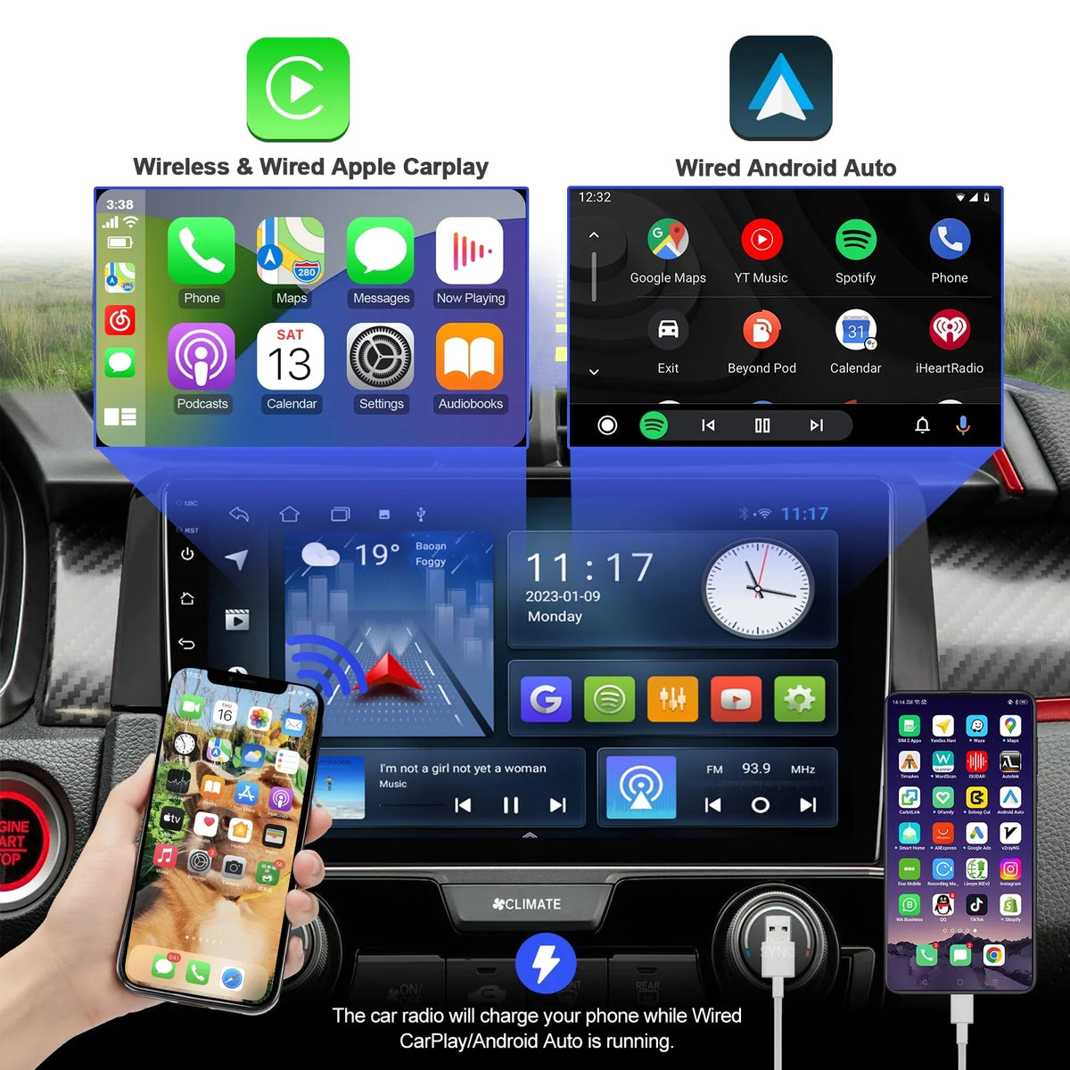 Android 10 Double Din Car Stereo for Honda Civic 2016-2020 with 9 Inch Touchdisplay Radio Built-in Wireless Carplay/Android Auto/GPS/Bluetooth/FM/AUX-in/Steering Wheel Control Backup Camera 2+32G