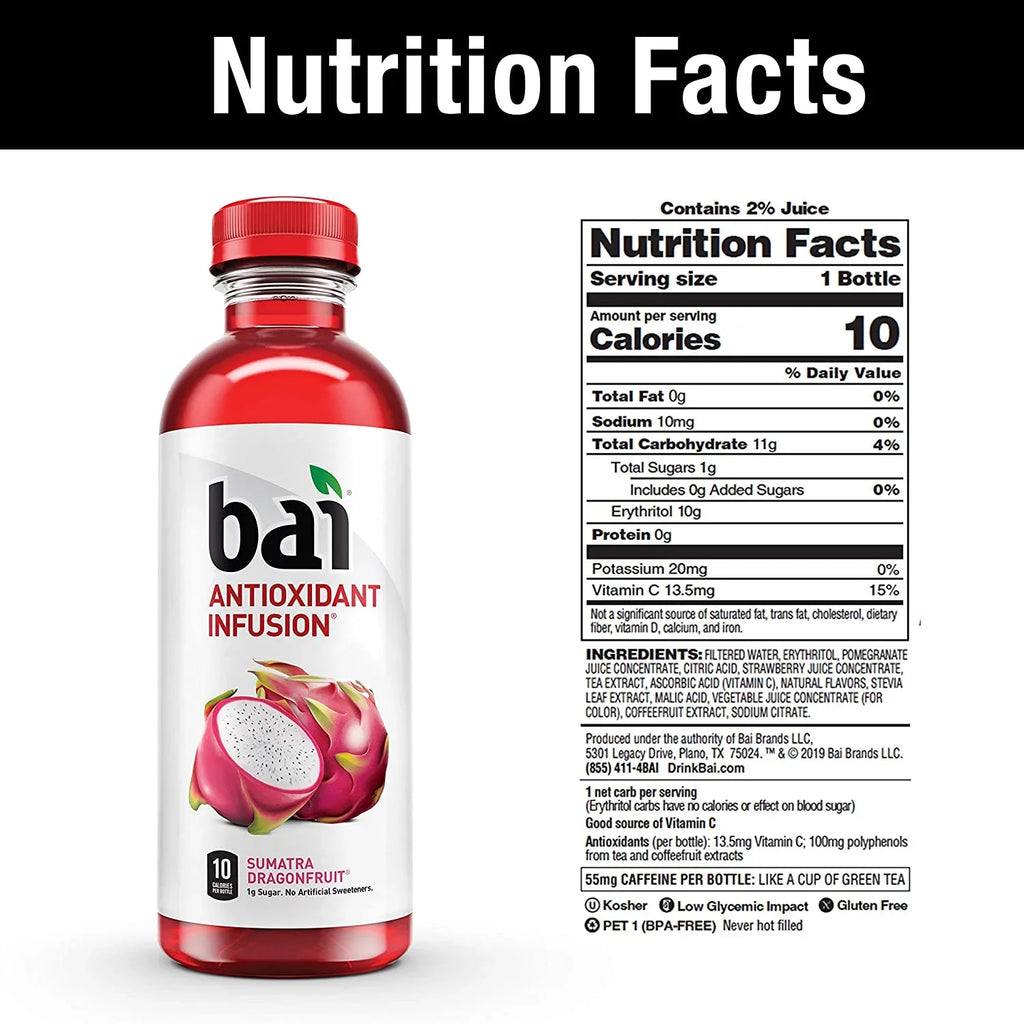 Bai Flavored Water, Rainforest Variety Pack, Antioxidant Infpre-owned Drinks, 18 Fluid Ounce Bottles, 12 Count, 3 Each of Brasilia Blueberry, Costa Rica Clementine, Malawi Mango, Sumatra Dragonfruit