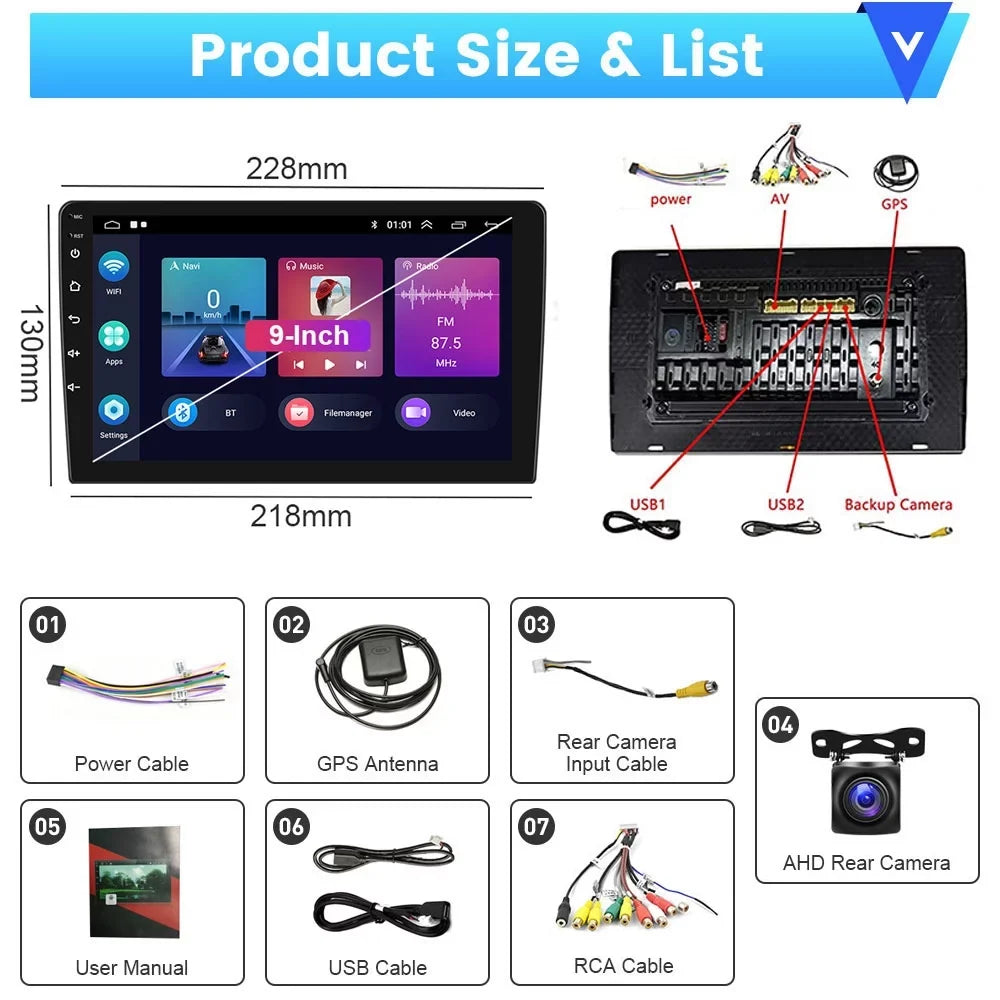 Podofo 2+32G for Toyota RAV4 2007-2012 Wireless Carplay Android Auto Mirror Link 9'' Touchdisplay Car Stereo Radio Android 12 HD 1080P WIFI GPS Hifi FM Bluetooth USB Cable, AHD Backup Camera