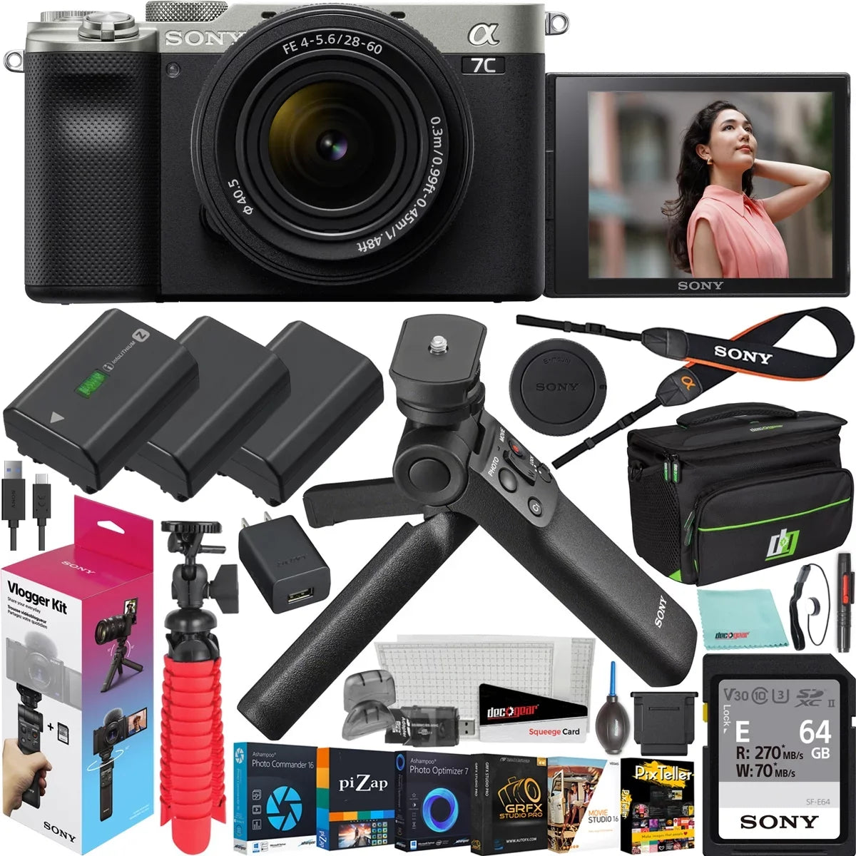Sony a7C Mirrorless Full Frame Camera Body with 28-60mm F4-5.6 Lens Silver ILCE7CL/S Bundle + Vlogger Kit ACCVC1: GP-VPT2BT Shooting Grip w. Wireless Remote + 2x Battery + Deco Gear Bag & Accessories