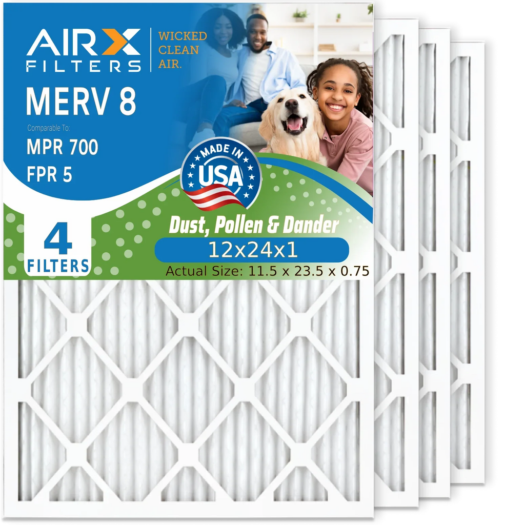 12x24x1 Air Filter MERV 8 Comparable to MPR 700 & FPR 5 Electrostatic Pleated Air Conditioner Filter 4 Pack HVAC AC Premium USA Made 12x24x1 Furnace Filters by AIRX FILTERS WICKED CLEAN AIR.