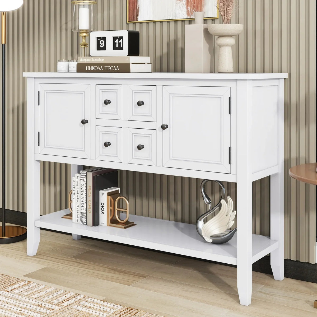TREXM Cambridge Series Ample Storage Vintage Console Table with Four Small Drawers and Bottom Shelf for Living Rooms  Entrances and Kitchens (Light Navy  OLD SKU  WF190263AAH)