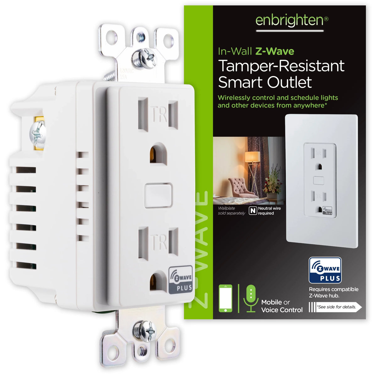Enbrighten Z-Wave Smart Tamper-Resistant Outlet, Z-Wave Hub Required, 55256, White