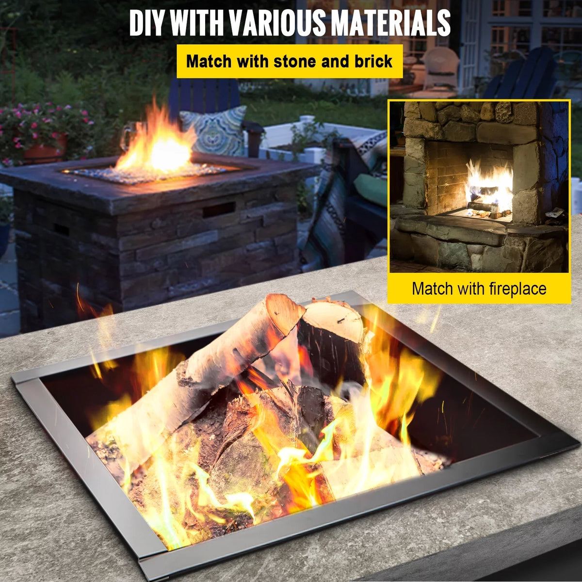 BENTISM Fire Pit Ring, 30" Square Fire Pit Insert, Heavy Duty Steel Fire Ring, DIY Bonfire Liner with Tongs Insert with Simple InstalLatitudeion for Outdoor, Patio, Backyard