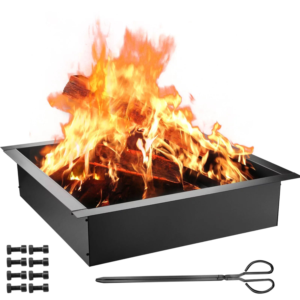 BENTISM Fire Pit Ring, 30" Square Fire Pit Insert, Heavy Duty Steel Fire Ring, DIY Bonfire Liner with Tongs Insert with Simple InstalLatitudeion for Outdoor, Patio, Backyard