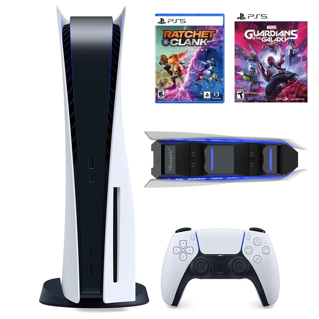 Play-Station-5 825GB Disk Console, UHD Blu-ray, One Wireless Controller, P-S-5 Games Marvel’s Guardians of the Galaxy and  Ratchet & Clank: Rift Apart with Mazepoly Dual Charger Dock