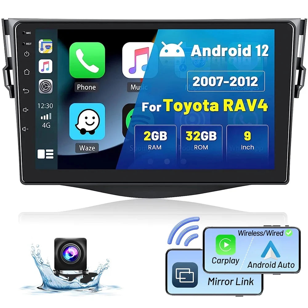 Podofo 2+32G for Toyota RAV4 2007-2012 Wireless Carplay Android Auto Mirror Link 9'' Touchdisplay Car Stereo Radio Android 12 HD 1080P WIFI GPS Hifi FM Bluetooth USB Cable, AHD Backup Camera