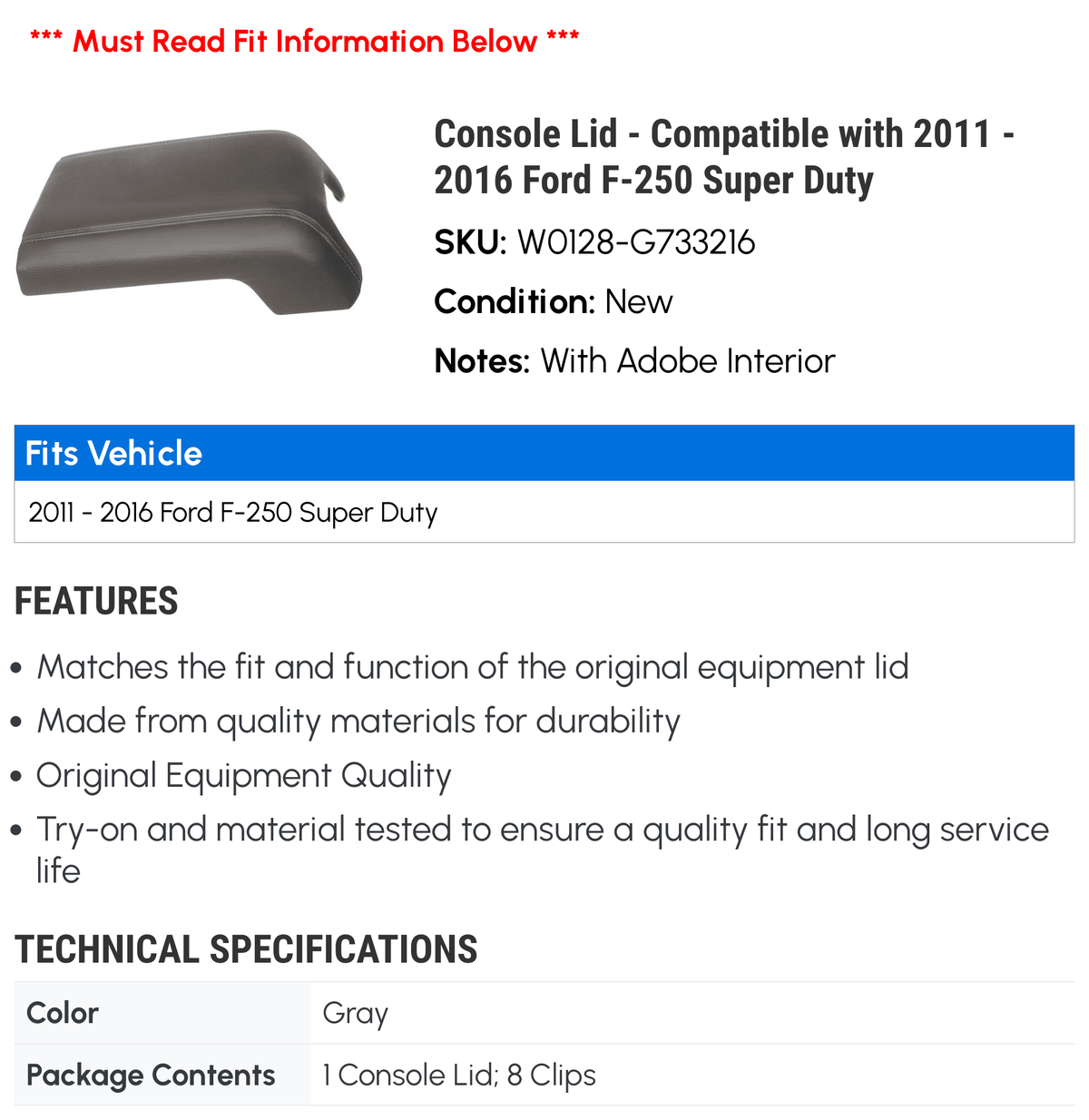 Console Lid - Compatible with 2011 - 2016 Ford F-250 Super Duty 2012 2013 2014 2015