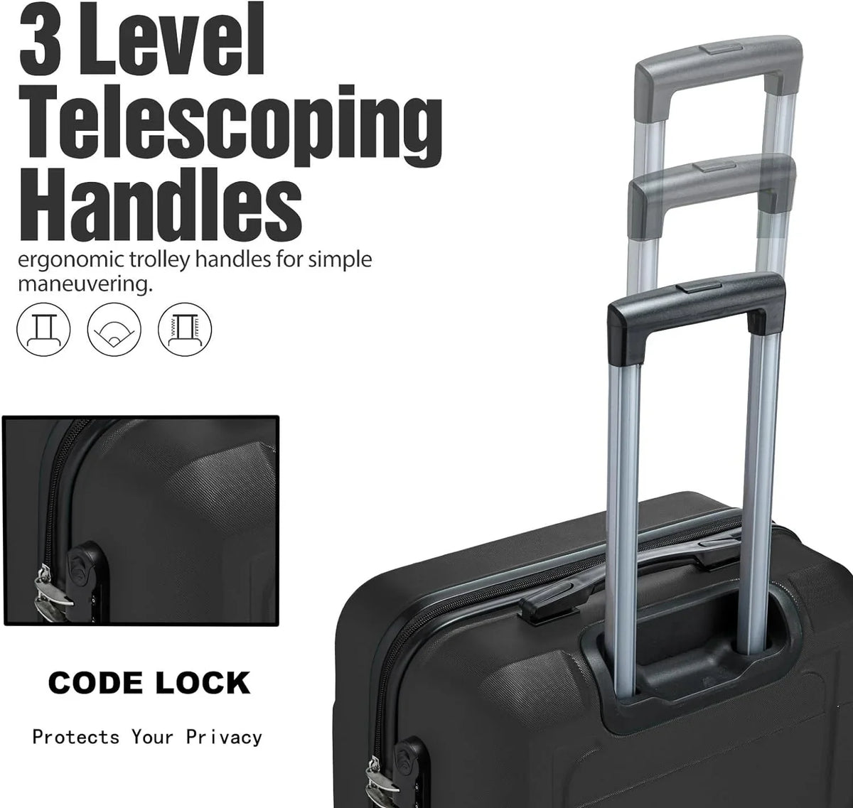 Luggage Sets 3 Piece Hardshell Suitcase with Spinner Wheels Lightweight Durable ABS/PC and Code Lock 20'' 24'' 28 inch Travel Suitcase Sets (Black)