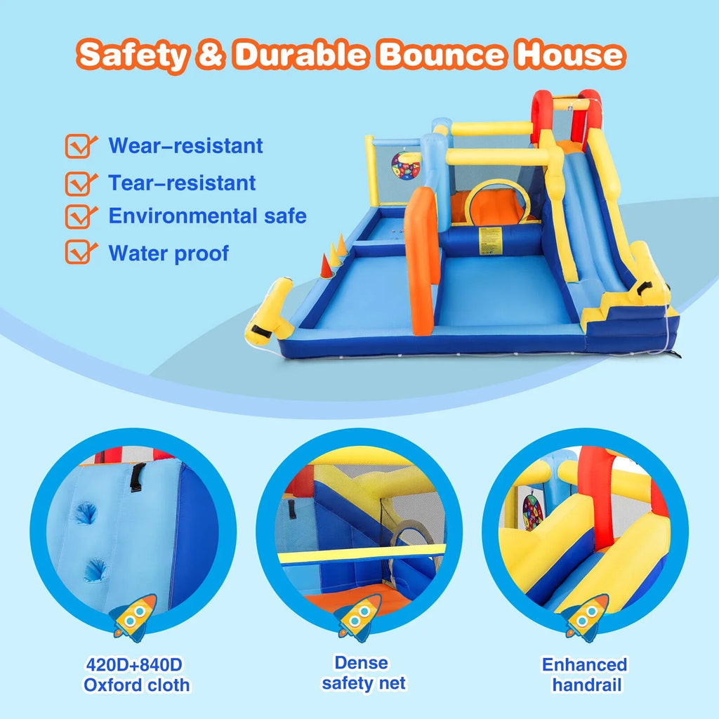 JOYLDIAS InfLatitudeable Water Slide Bouncer Castle Kids Playhouse with Splash Pool, Climbing Wall, Trampoline, Felt Ball Target, Ring Toss Game, 550W Air Blower