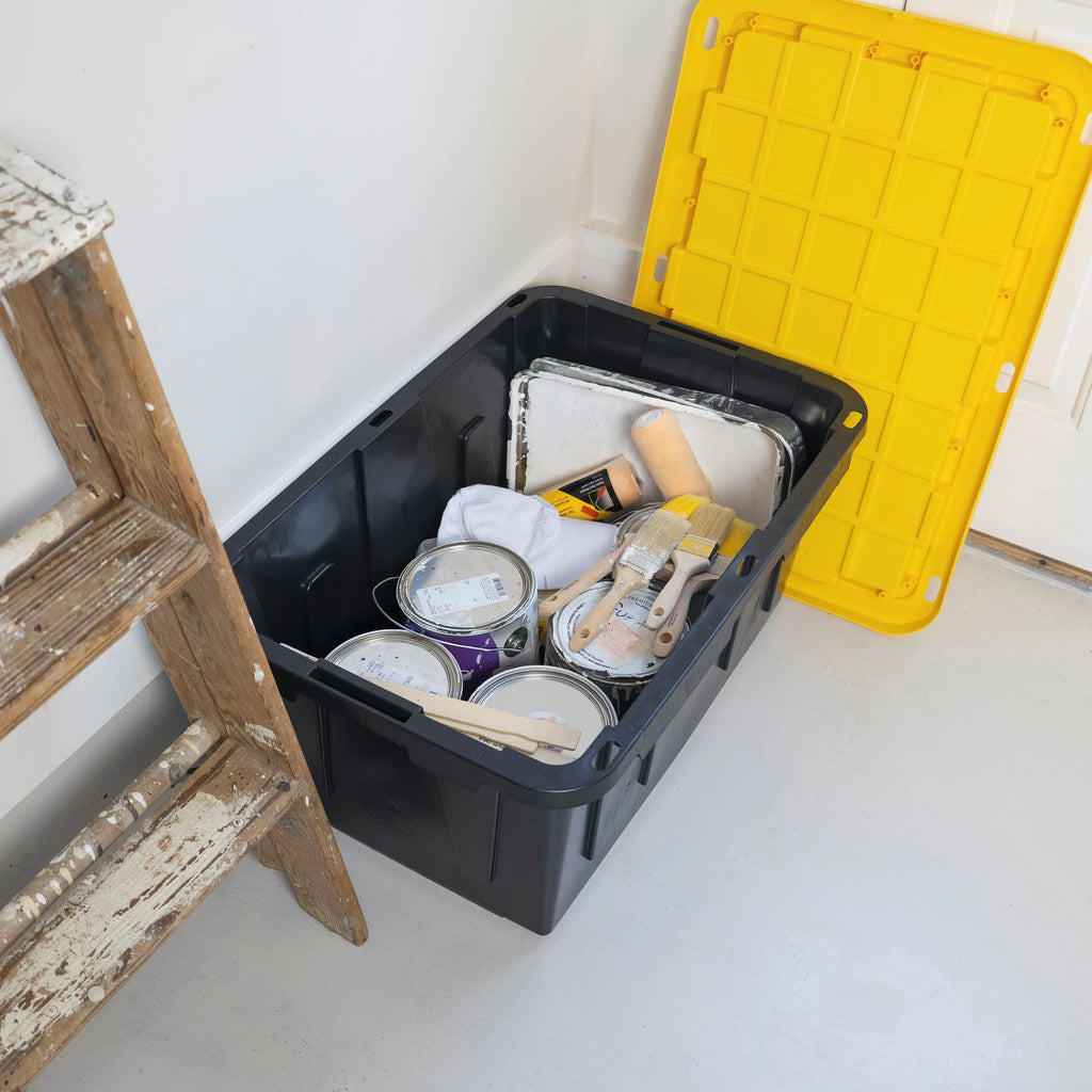 Tough Box 27 Gallon Stackable Snap Lid Plastic Storage Container, Black with Yellow Lid, Set of 4
